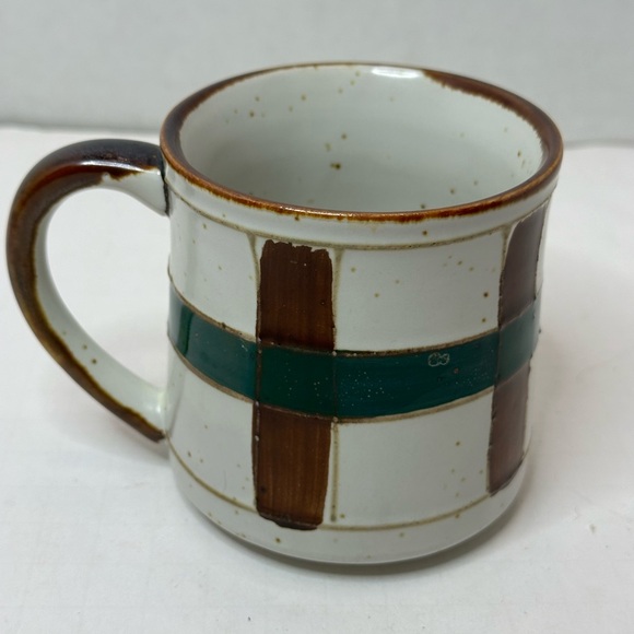 Speckled Pottery Plaid Mug Green Brown 12 ounce Coffee Cup - Picture 2 of 4